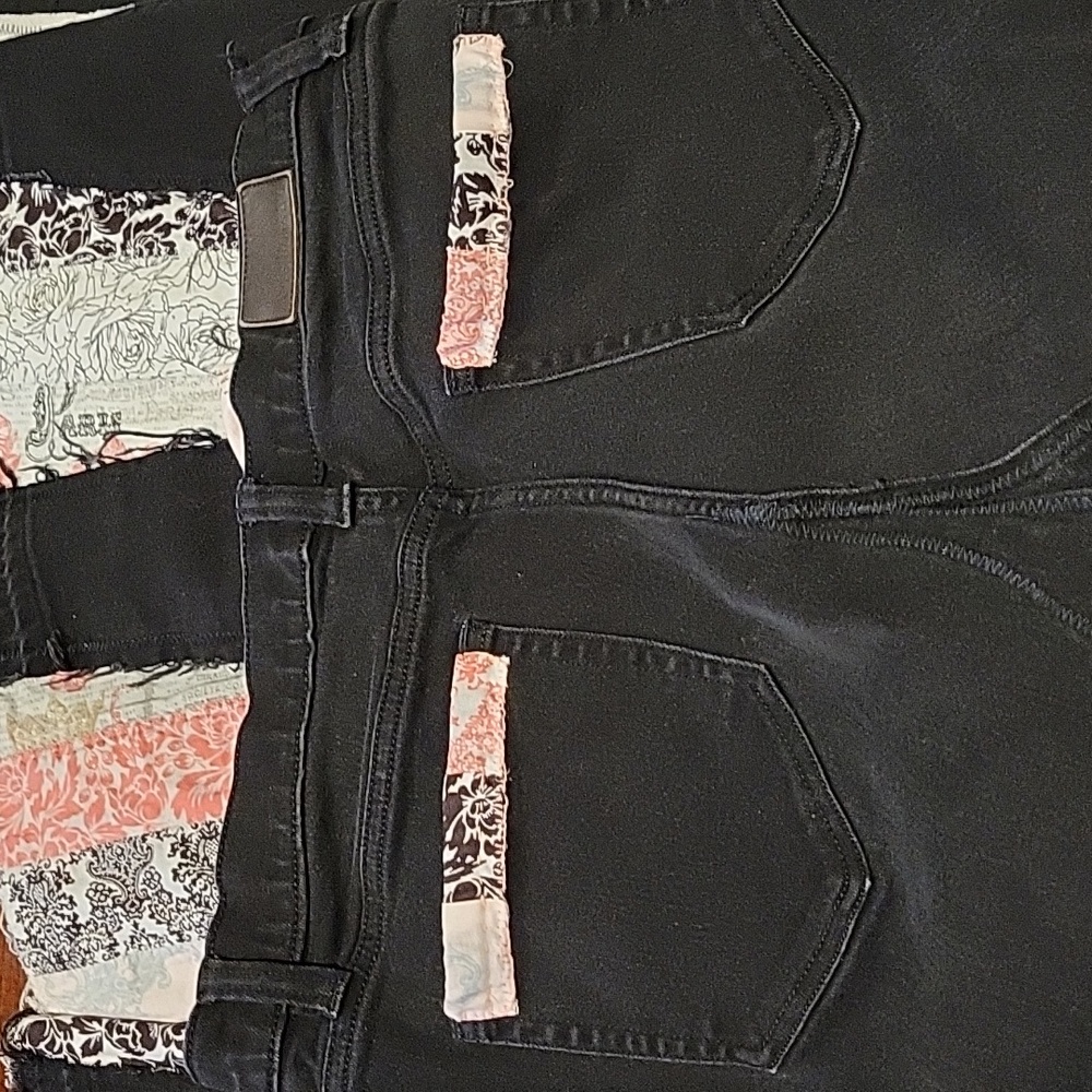HAND CRAFTED Maxi Skirt UPCYCLED Black Denim Floral Pink Black Prints Size 12 - Picture 6 of 16